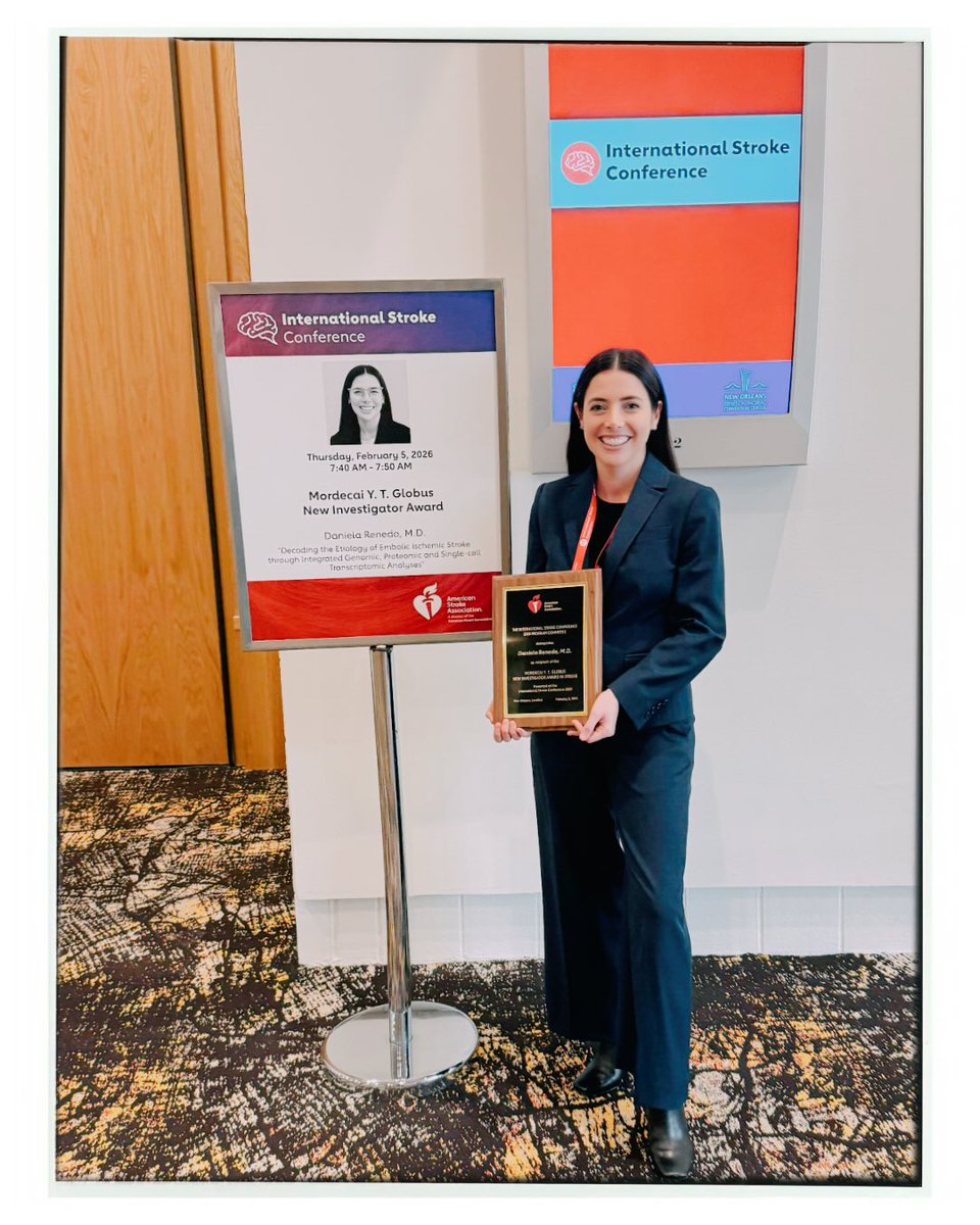 DadaRenedo's tweet photo. Honored to receive the Mordecai Y.T. Globus New Investigator Award at #ISC2026.

Grateful for the mentorship, collaboration, and support that make this work possible—and excited to keep pushing translational stroke research forward.

🧠🧬 https://t.co/nPtw2omstI