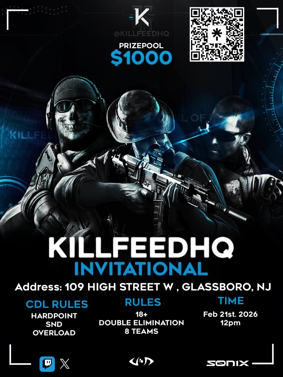 🚨 BLACK OPS 7 LAN ALERT 🚨

Killfeed is hosting a $1,000 LAN Event sponsored by <a href="/BeneathHQ/">Beneath Reality</a> x <a href="/sonixapp/">SONIX</a> 🔥
Scan the QR code, lock in your spot, and come compete. Spots filling up quick!
See you on the floor 🏆
#callofdutyblackops7 #callofduty #cod