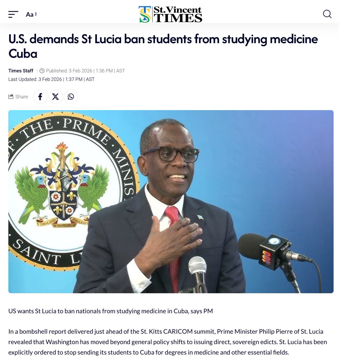 In the absolute height of imperial arrogance, the US has demanded that St. Lucia (&amp; quite likely other small Caribbean nations) ban students from studying medicine (for free!) in Cuba. Their leverage consists of denying visas to citizens of those islands.
stvincenttimes.com/u-s-demands-st…
