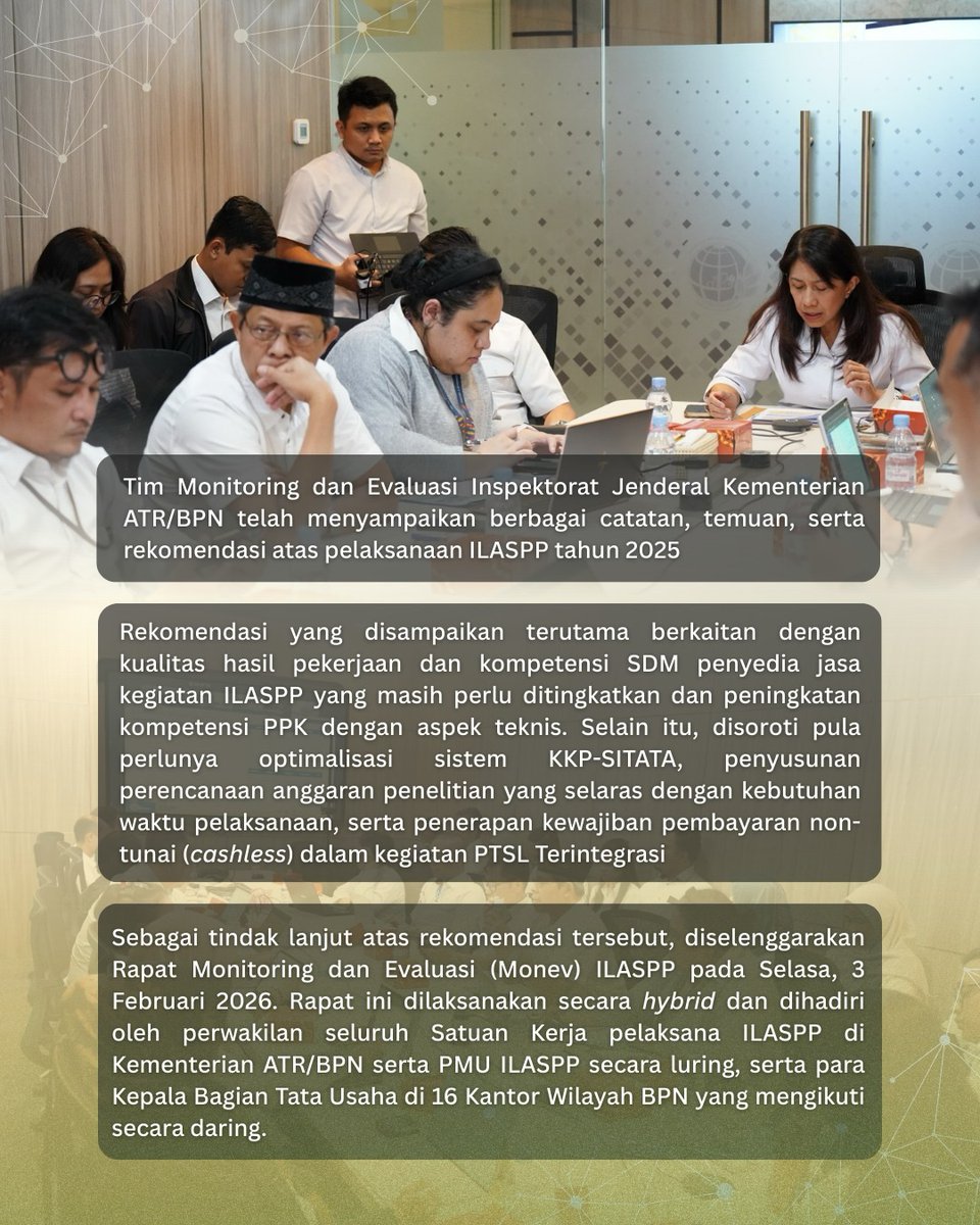 KANTAHKABKUDUS's tweet photo. Tim Monitoring dan Evaluasi Inspektorat Jenderal Kementerian ATR/BPN telah menyampaikan berbagai catatan, temuan, dan rekomendasi atas pelaksanaan ILASPP Tahun 2025.
#ILASPP #ATRBPN #MonitoringEvaluasi #PTSLTerintegrasi https://t.co/keWYQ1BhJp