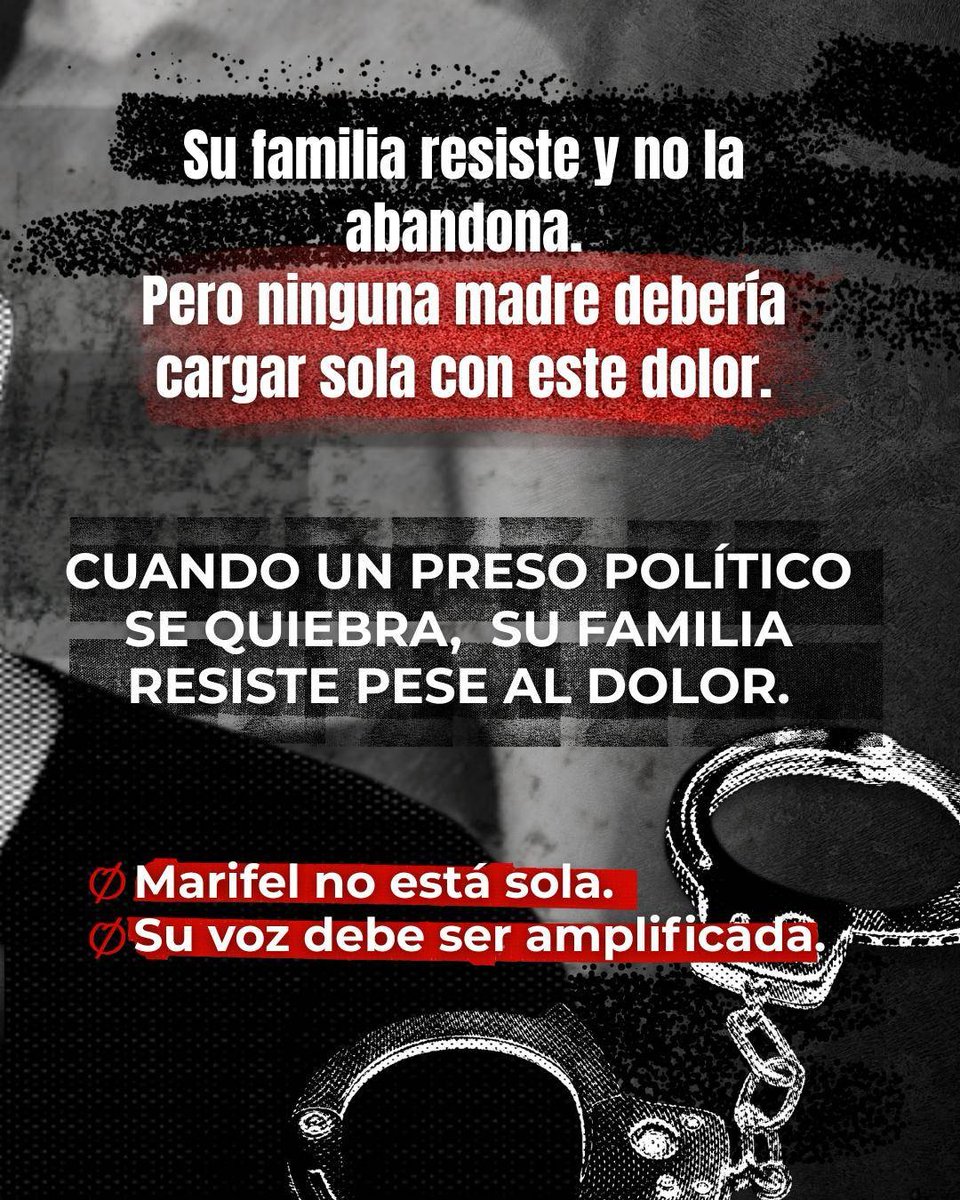 VenteDDHH's tweet image. 🚨Desde su celda, la periodista Marifel Guzmán le escribió a su madre una confesión devastadora: “No quiero seguir viviendo en estas condiciones, que no son humanas. Estoy demasiado deprimida.”

Esto es lo que ocurre cuando la disidencia se castiga y el encierro se usa para…