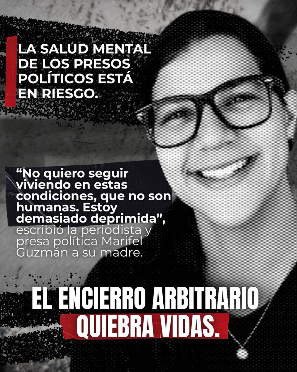 VenteDDHH's tweet image. 🚨Desde su celda, la periodista Marifel Guzmán le escribió a su madre una confesión devastadora: “No quiero seguir viviendo en estas condiciones, que no son humanas. Estoy demasiado deprimida.”

Esto es lo que ocurre cuando la disidencia se castiga y el encierro se usa para…