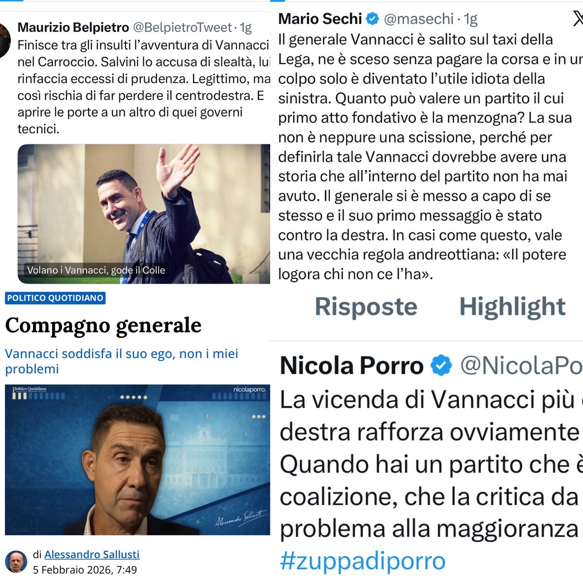 I vari <a href="/NicolaPorro/">Nicola Porro</a> <a href="/masechi/">Mario Sechi</a> <a href="/alesallusti/">Alessandro Sallusti</a> <a href="/BelpietroTweet/">Maurizio Belpietro</a> lancia in resta contro #Vannacci. Eppure sulle scissioni a sinistra  leggevamo toni diversi: “i sani ideali che si ribellano a partiti che hanno tradito la propria storia”. 
Oggi invece, bene che vada, è alto tradimento.