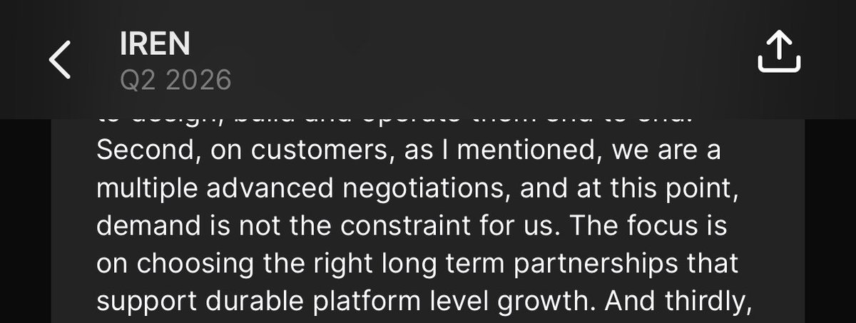 "The demand is not a constraint for us. The focus is on choosing the right long-term partnership."

Dan Roberts $IREN Earnings Call

🚀 🚀 🚀
