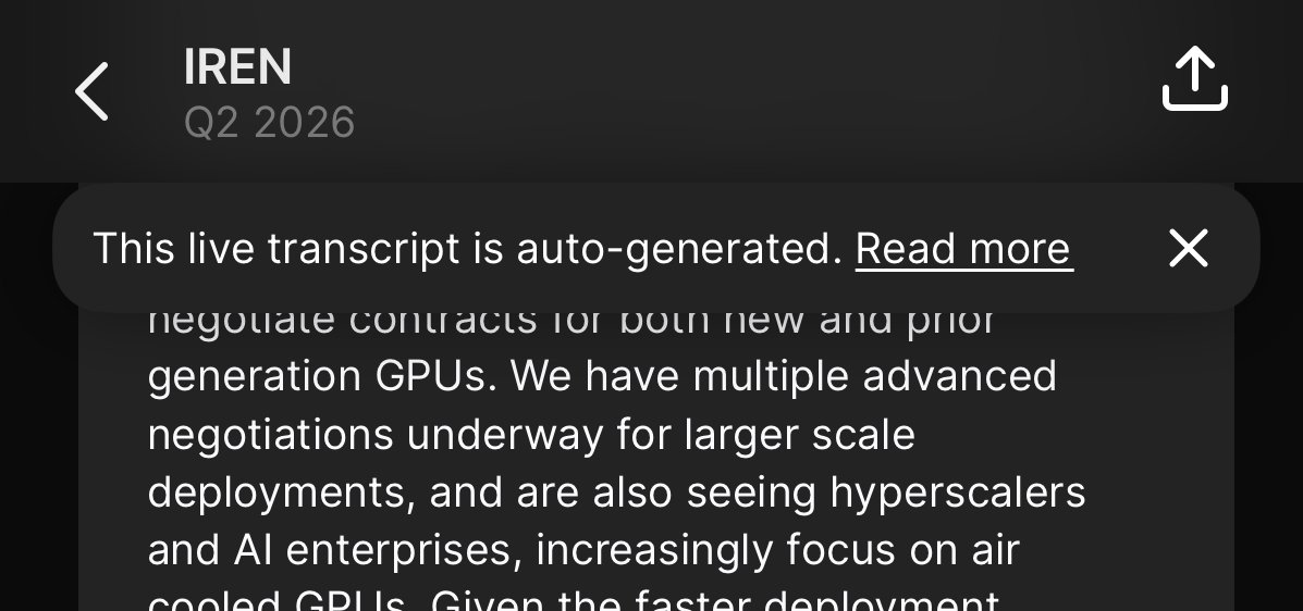 "We have multiple advanced negotiations underway for large-scale deployments and are also seeing Hyperscaler and AI enterprises."

Dan Roberts $IREN Earnings Call

BULLISH 🟢