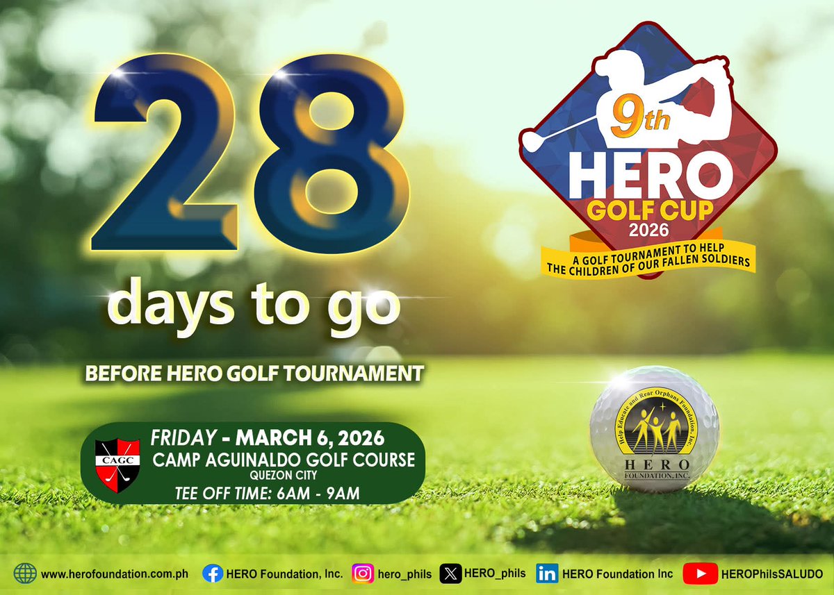 9th Hero Golf Cup 2026
March 6, 2026 - Friday

Ticket are now available!
Price: P3,500 (Inclusive of Green Fee + Registration Fee, Caddy, Lunch and Raffle)
Contact: Ms. Camille Cataluña at
(02) 8912 0361 / 0915 6270780 
or email info@herofoundation.com.ph 
#HeroGolfCup2026 #golf