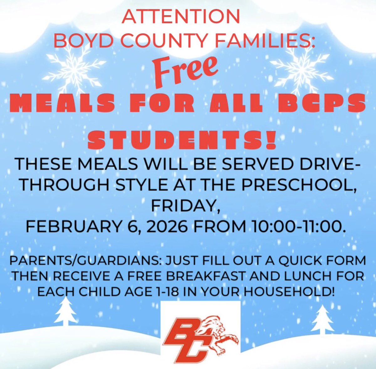 Attention all BCPS Families, 
Come out to ECA tomorrow, 2/6/2026 from 10:00-11:00am and get a free meal for each child in your household aged 1-18!🦁🍽️🥛👇🏻
