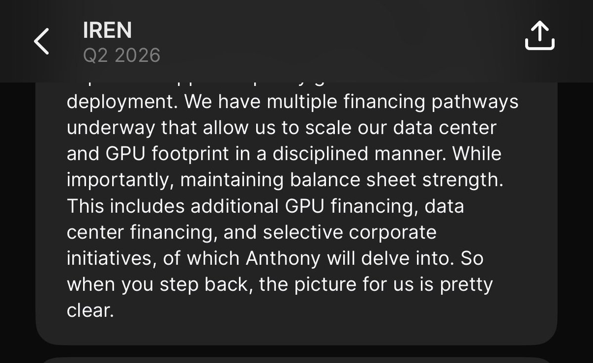 "We continue to diversify our sources of capital to support capacity growth and customer deployment. We have multiple financing pathways underway that allow us to scale our data center and GPU footprint in a disciplined manner while maintaining balance sheet strenght" $IREN