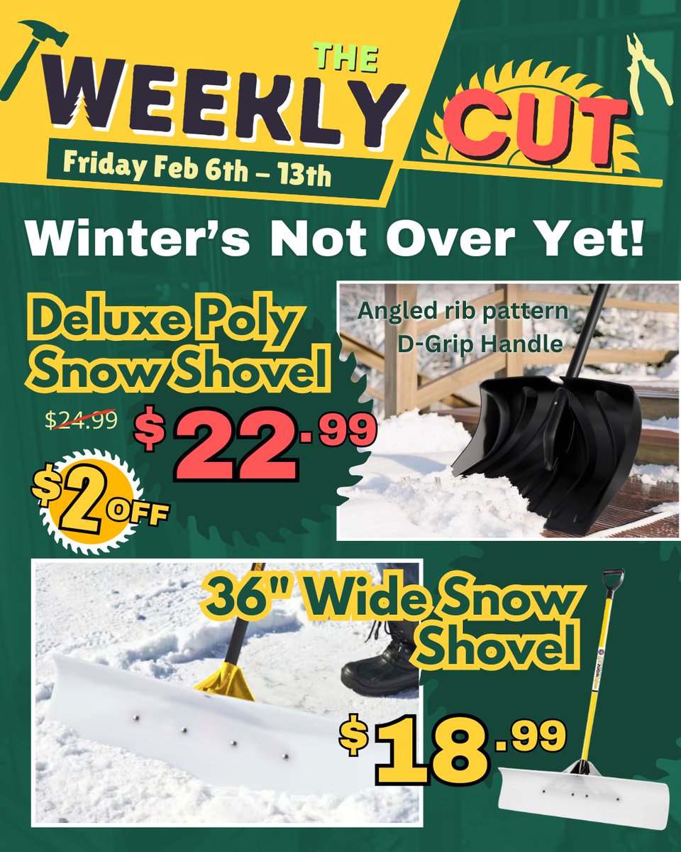 ❄️ Winter’s not over yet - clear the way with these great shovel deals!

🛠️ Deluxe Poly Snow Shovel – $22.99 ($2 OFF!)
🛠️ 36" Wide Snow Shovel – $18.99

Stop in and gear up for the rest of winter!

#WardLumberStrong #WorkerOwned #ShopLocal #ADK #NorthCountry