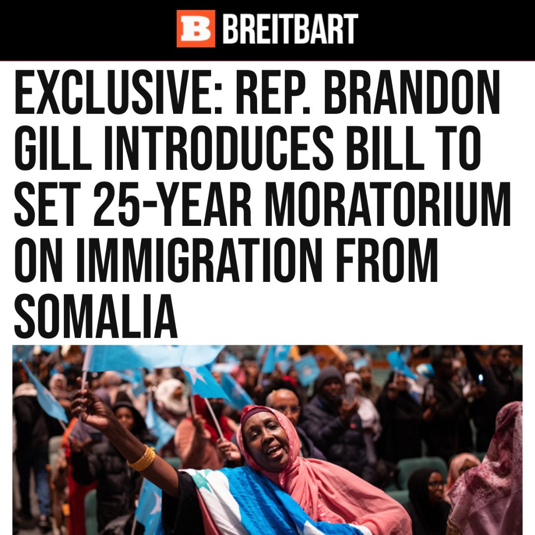 RepBrandonGill's tweet image. 🧵 This week I introduced a bill to ban immigration from Somalia for 25 years. This is timely, necessary and prudent legislation.
 
The sole purpose of our immigration system is to benefit American citizens, but mass immigration from Somalia does the opposite.