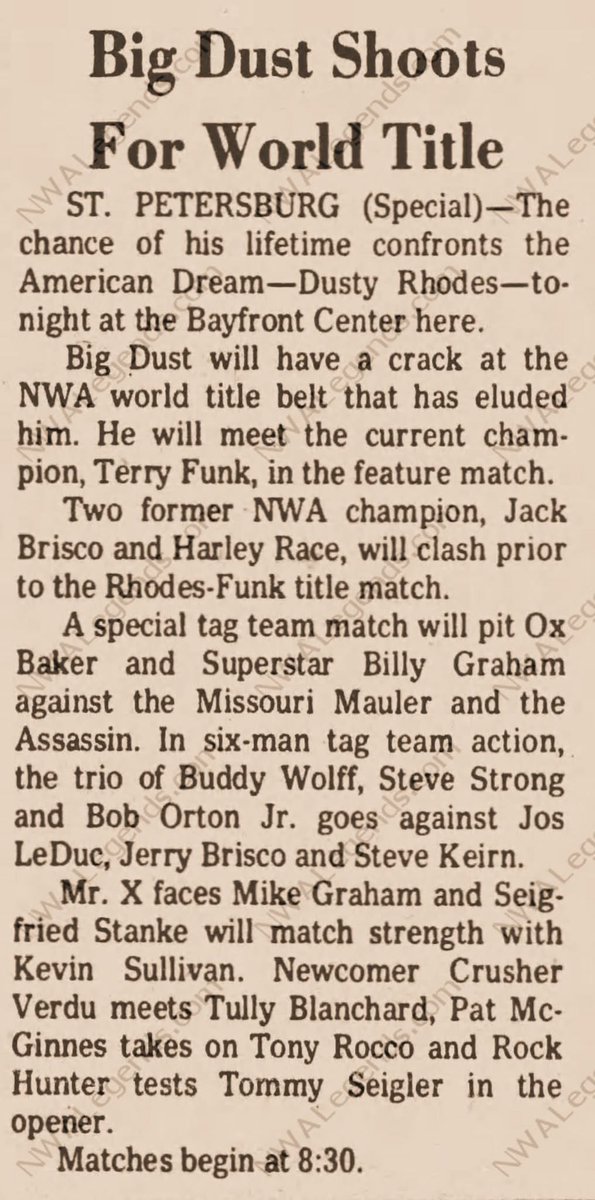 NWALegends's tweet image. February 5, 1977 - Terry Funk would make his final successful defense of the NWA World championship 49 years ago tonight, disqualified against Dusty Rhodes at #StPete’s Bayfront Center!

NWALegends.com