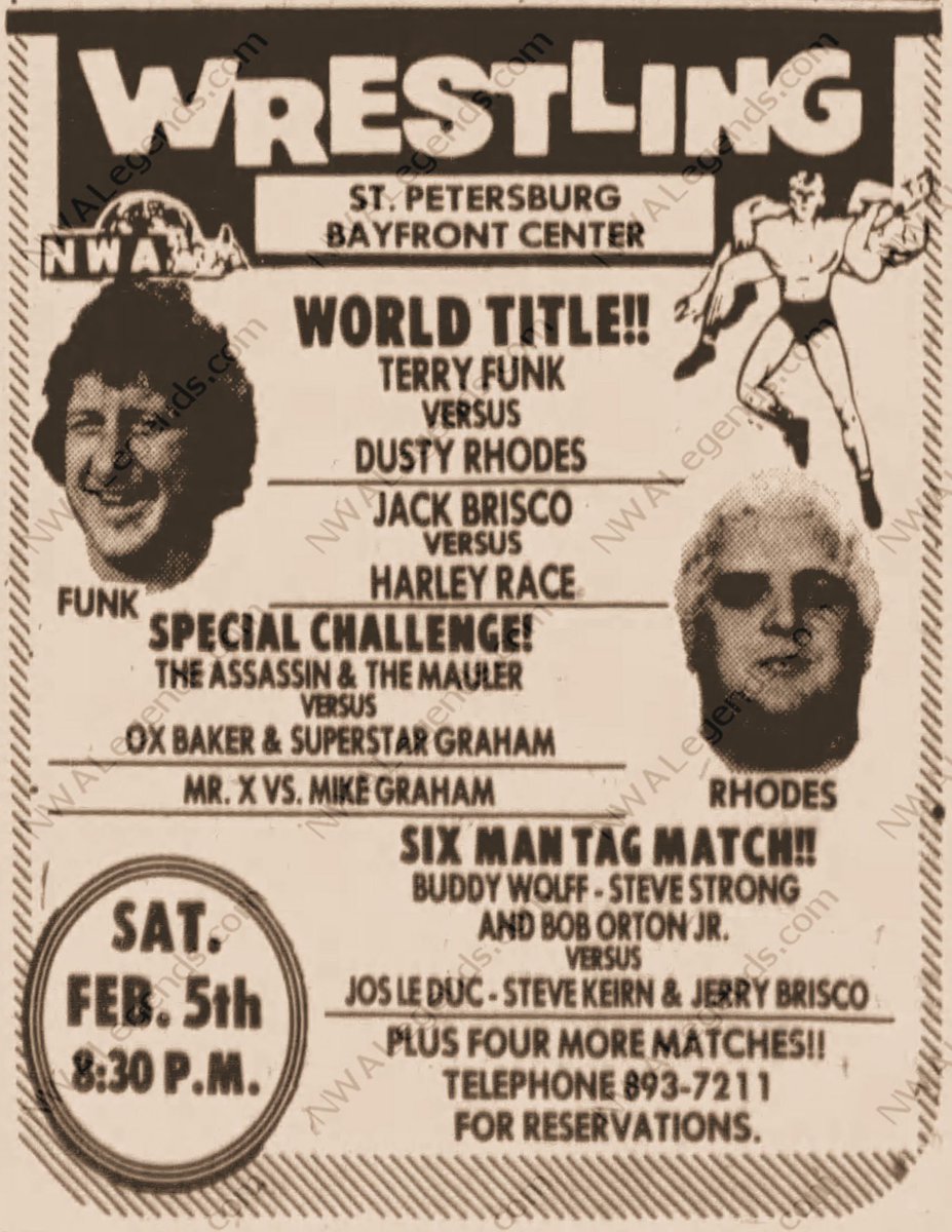 NWALegends's tweet image. February 5, 1977 - Terry Funk would make his final successful defense of the NWA World championship 49 years ago tonight, disqualified against Dusty Rhodes at #StPete’s Bayfront Center!

NWALegends.com