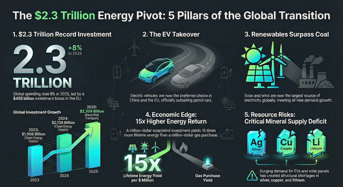 simonnextclick's tweet image. In 2025, global energy transition investments reached a record $2.3 trillion, signaling a resilient shift toward sustainable power despite various political and economic obstacles. China and the European Union led this surge, with electric vehicles and renewable energy sources…