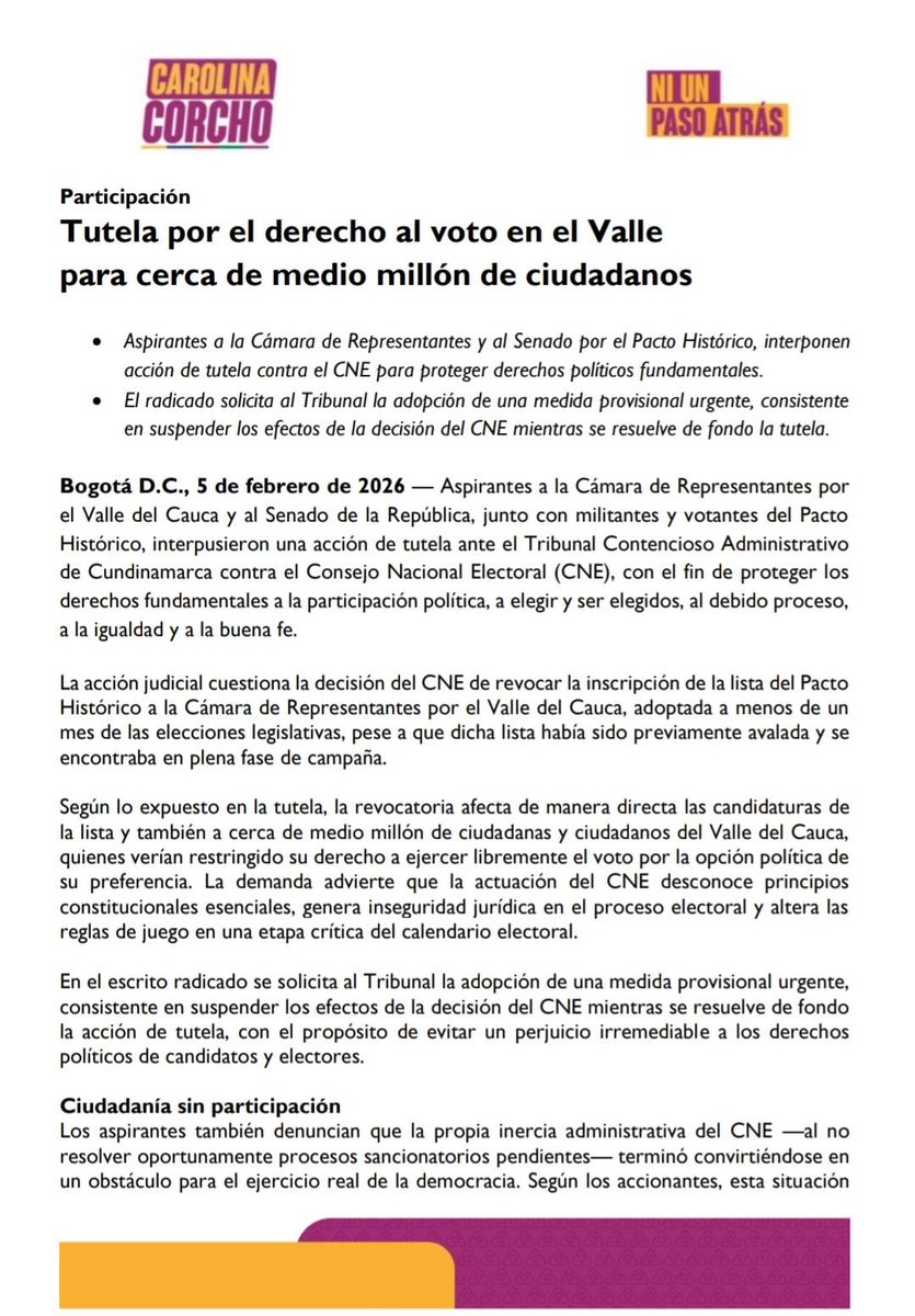 carolinacorcho's tweet image. ¡Alerta! Interpusimos tutela urgente. El CNE revocó la lista del Pacto Histórico al Congreso por el Valle a un mes de las elecciones, afectando el voto de medio millón de ciudadanos.

Exigimos justicia: ¡Que se suspenda esta decisión y se respete la democracia!…