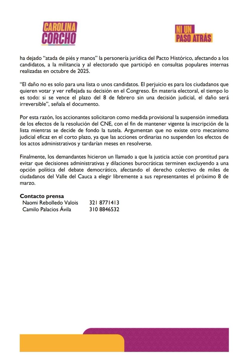 carolinacorcho's tweet image. ¡Alerta! Interpusimos tutela urgente. El CNE revocó la lista del Pacto Histórico al Congreso por el Valle a un mes de las elecciones, afectando el voto de medio millón de ciudadanos.

Exigimos justicia: ¡Que se suspenda esta decisión y se respete la democracia!…