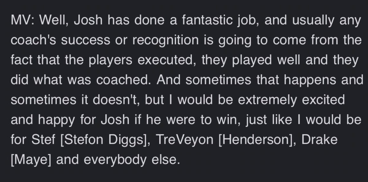Mike Vrabel earlier today on what it would mean to him if Josh McDaniels won Assistant Coach of the Year: