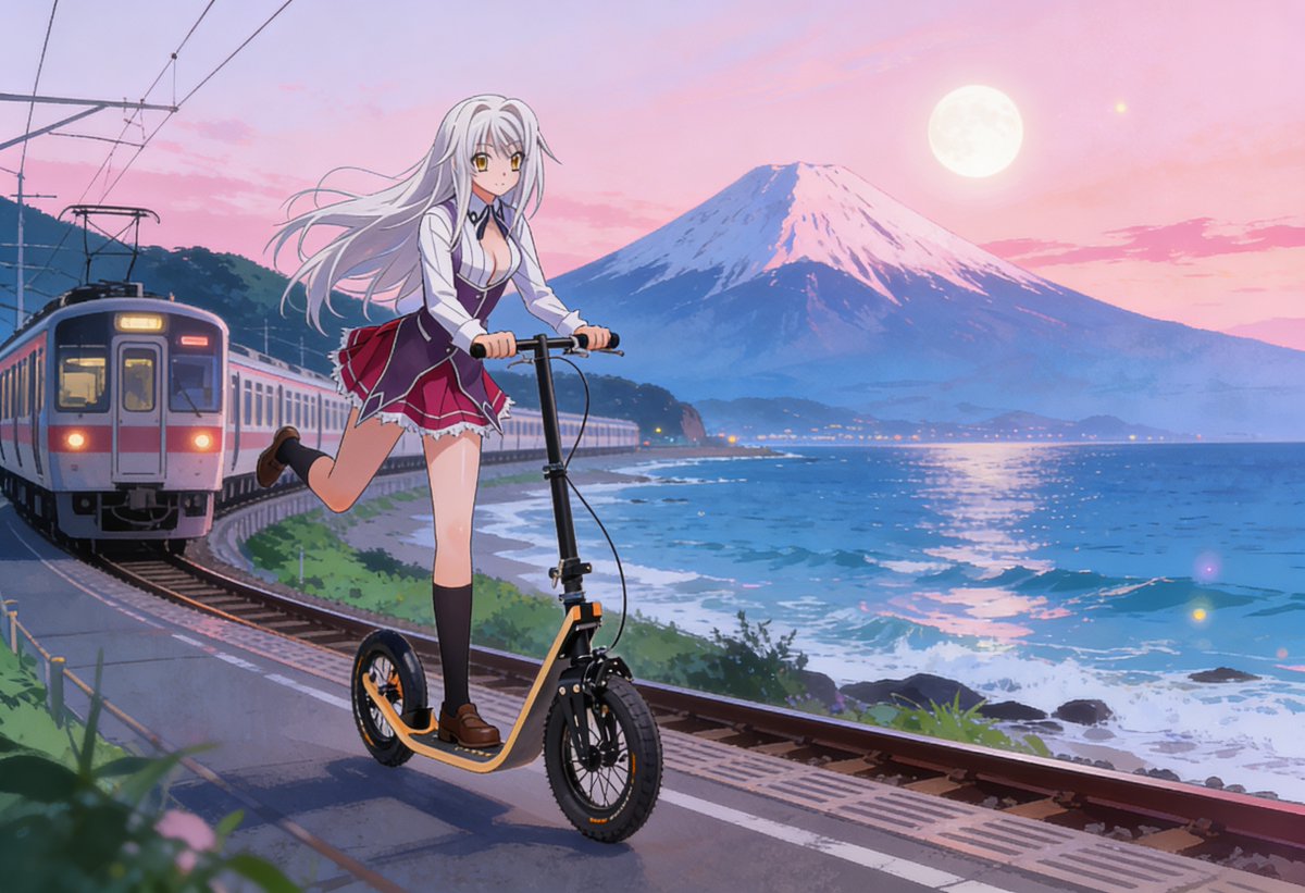 boardyonboard's tweet photo. @MyColleagueMio2 This beautiful scene with Mt. Fuji, the train, and that pink sky really inspired me. #arrivesmiling https://t.co/nBr8Mylnhg
