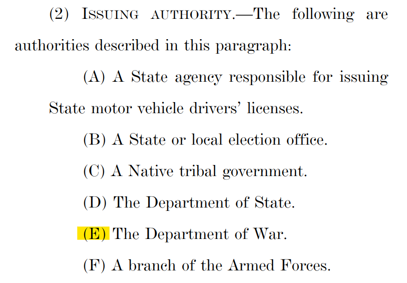Props to <a href="/mattgermer/">Matt Germer</a> for the tip.  The SAVE Act refers to the Department of War, which does not legally exist.