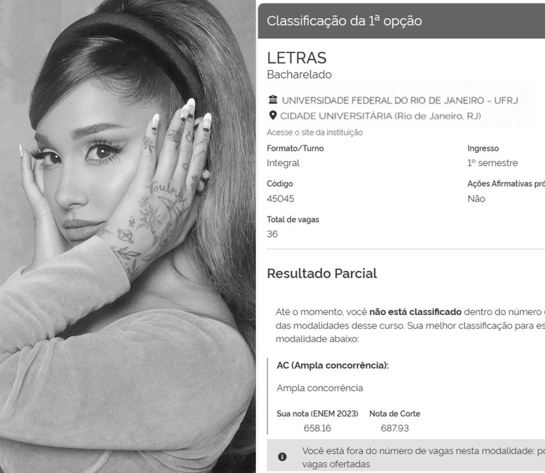 acervoarii's tweet image. 🚨 Ariana Grande NÃO ENTROU em Letras na UFRJ pelo SISU