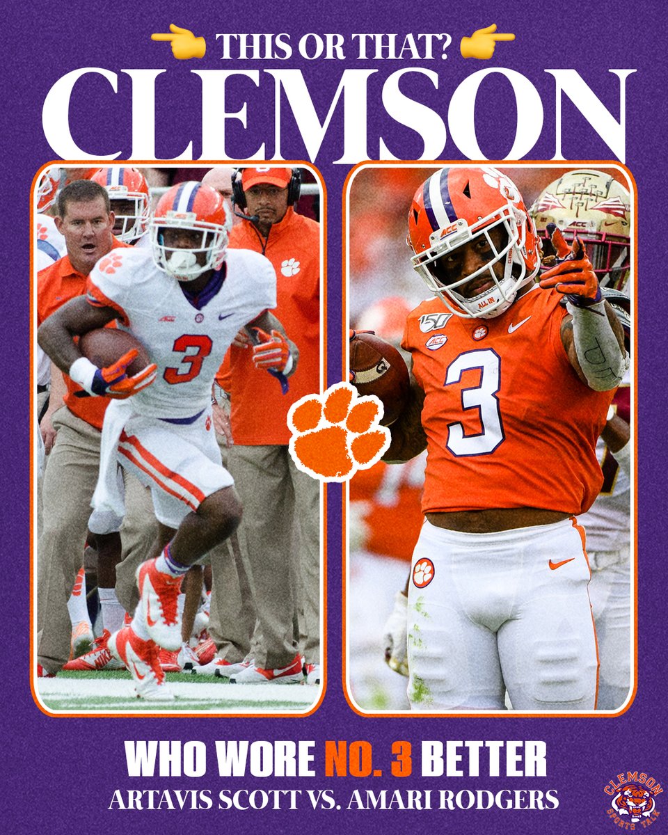 ClemsonSports's tweet photo. If the game’s on the line…
and you need one Tiger wearing No. 3…

Who are you throwing it to?
🧡 Artavis Scott
🍊 Amari Rodgers

You can only pick ONE. 👇

#Clemson #Football #PollQuestion https://t.co/npNlpM24BS