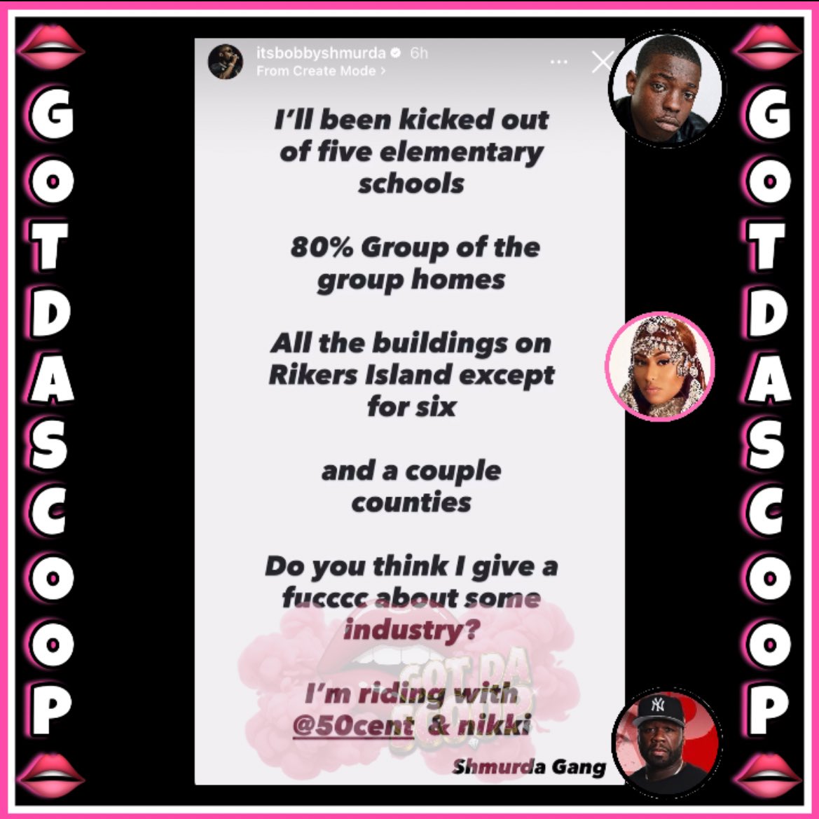 GotDaScoop's tweet photo. Bobby Shmurda reposts 50 Cent’s post of an AI image of Jay Z as “The Predator” along with his “Young Girl” lyrics & had some words.
Bobby also makes it clear that he stands with 50 Cent & Nicki Minaj.
“They black ball niccas for real once you do some girl sh*t I don't put nothing pass you. And yall took they side over mines smh h*es as*es Imaooo BodBoy 4life”
“I'll been kicked out of five elementary schools. 80% Group of the group homes
All the buildings on Rikers Island except for six and a couple counties. Do you think I give a fuccc about some industry? I'm riding with 50cent & nikki.”