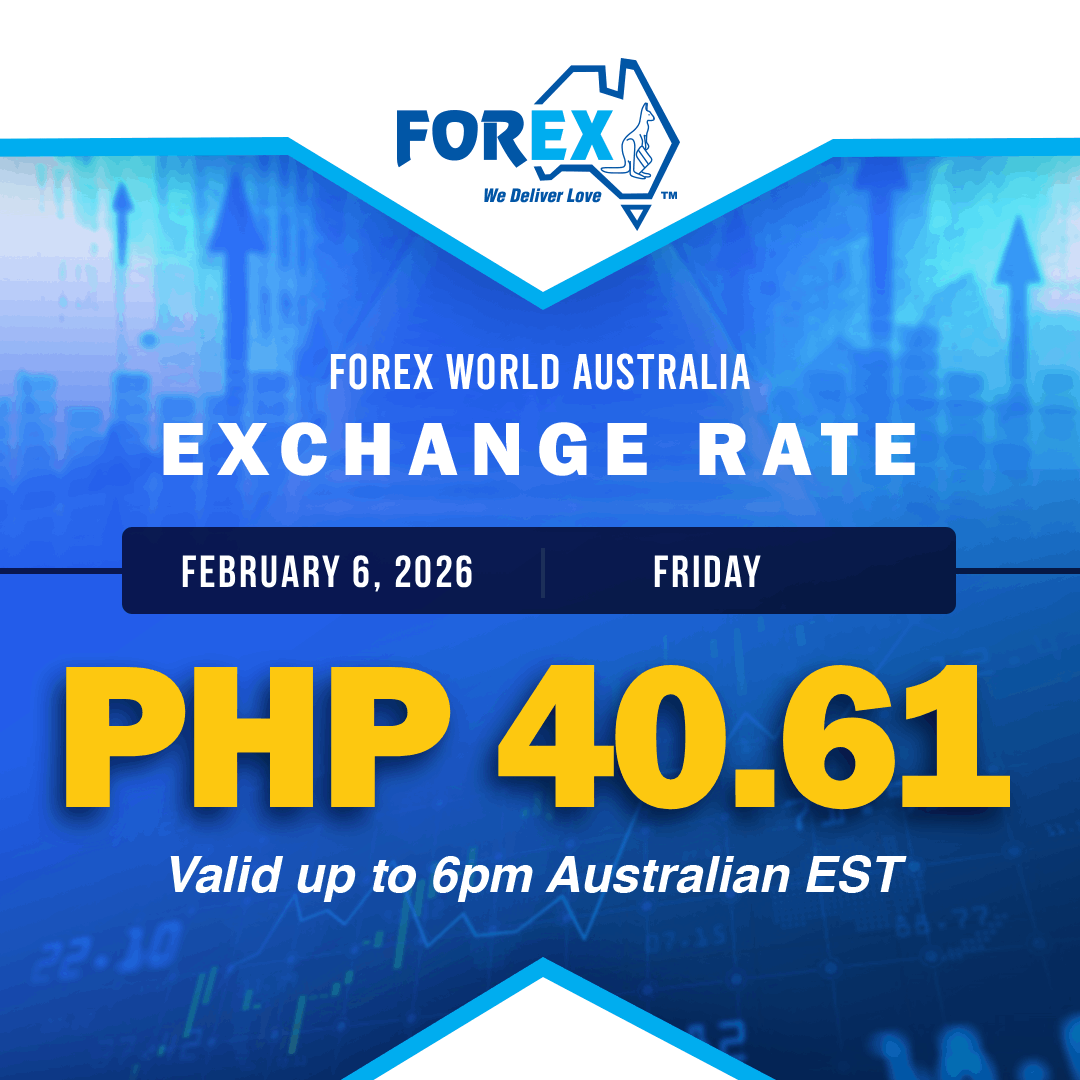Forex World Australia Exchange Rate February 6, 2026 (Friday) is PHP 40.61 valid up to 6pm Australian EST.
tinyurl.com/432cau8j