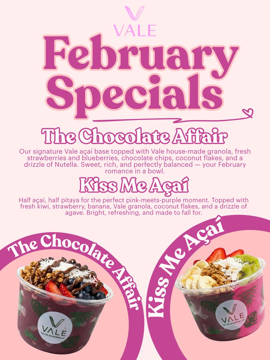 February Specials just dropped 💗

🍫 The Chocolate Affair
💋 Kiss Me Açaí

Sweet enough to crave. Clean enough to feel good about.

Limited time.