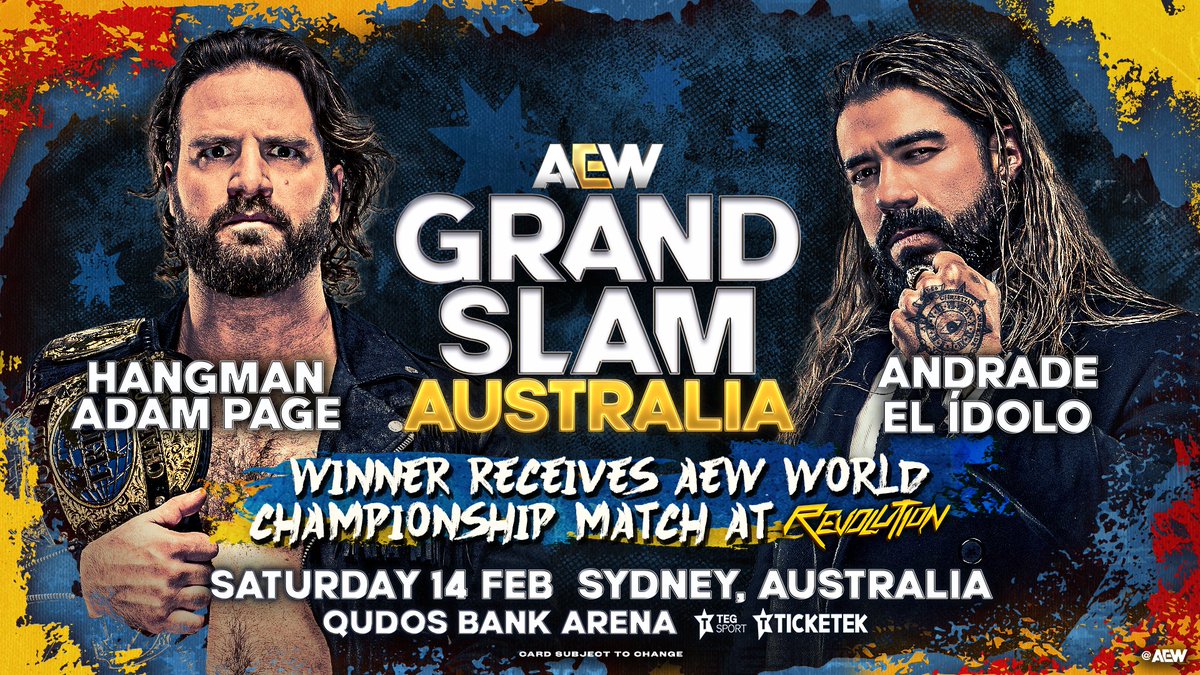 Busy week for Andrade coming next week in Osaka, Japan and Sydney, Australia. 

Wednesday 2/11 against the almost guaranteed AEW Bound Gabe Kidd for a shot at Yota Tsuji's IWGP GLOBAL Heavyweight Championship.

Saturday 2/14 vs Hangman for a shot at the AEW World Championship.