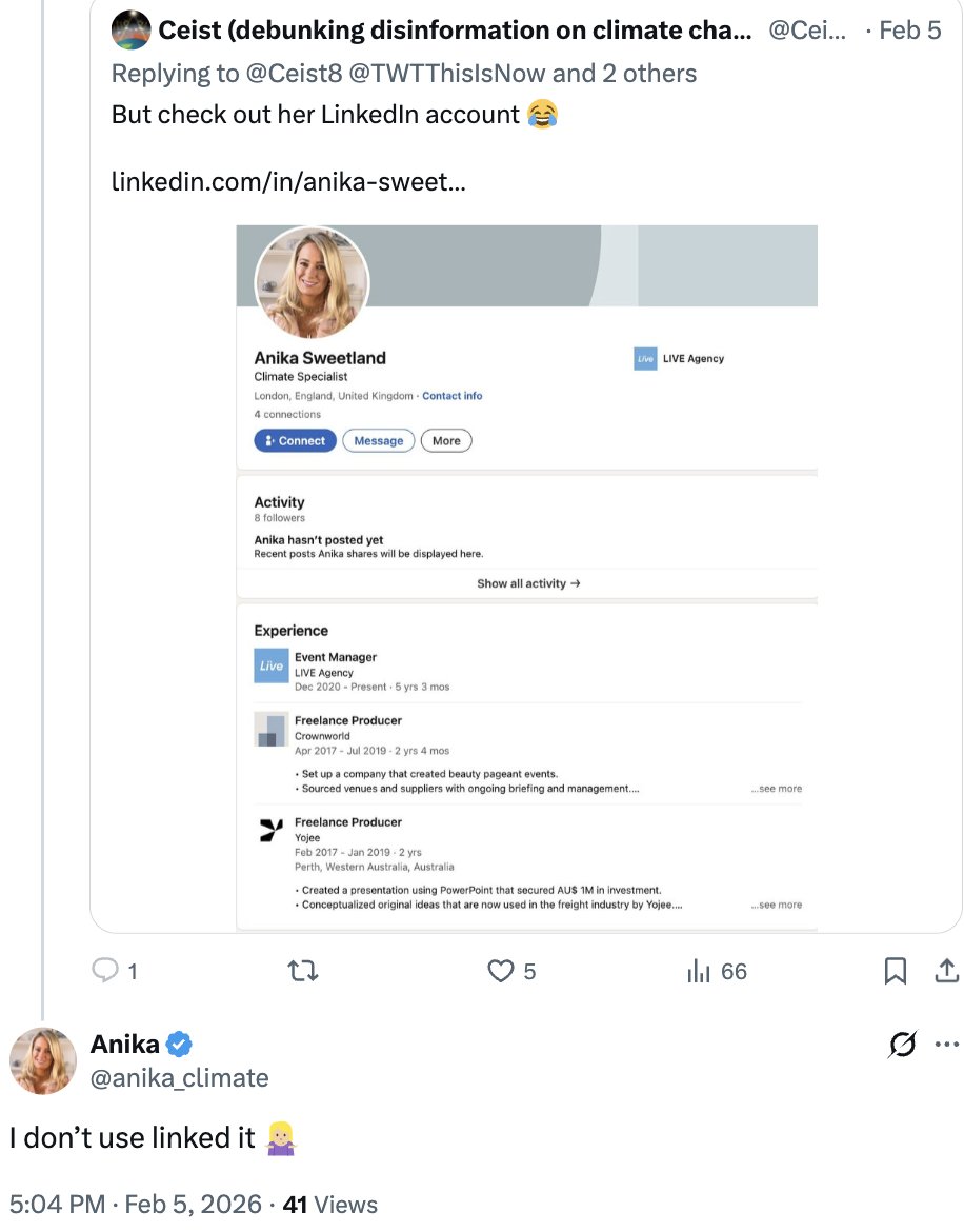 <a href="/ClimateDepot/">Marc Morano</a> <a href="/anika_climate/">Anika</a> Yesterday, <a href="/Anika_Climate/">Anika</a> claimed she didn't use LinkedIn.

Today, she deleted her account: