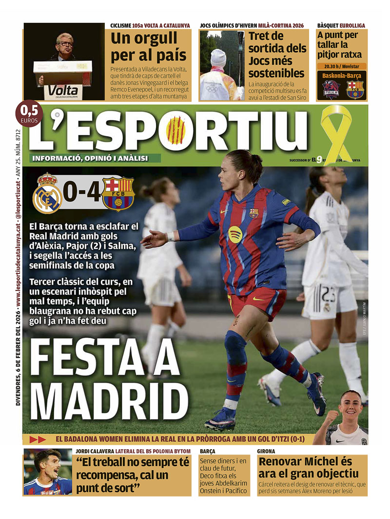 FESTA A MADRID, a la portada de <a href="/lesportiuCAT/">L'Esportiu de Catalunya</a>
<a href="/FCBfemeni/">FC Barcelona Femení</a> <a href="/VoltaCatalunya/">Volta a Catalunya</a> <a href="/milanocortina26/">Milano Cortina 2026</a> <a href="/GironaFC/">Girona FC</a> <a href="/FCBarcelona_cat/">FC Barcelona</a> <a href="/JordiCala14/">Jordi Calavera</a> <a href="/FCBbasket/">Barça Basket</a>