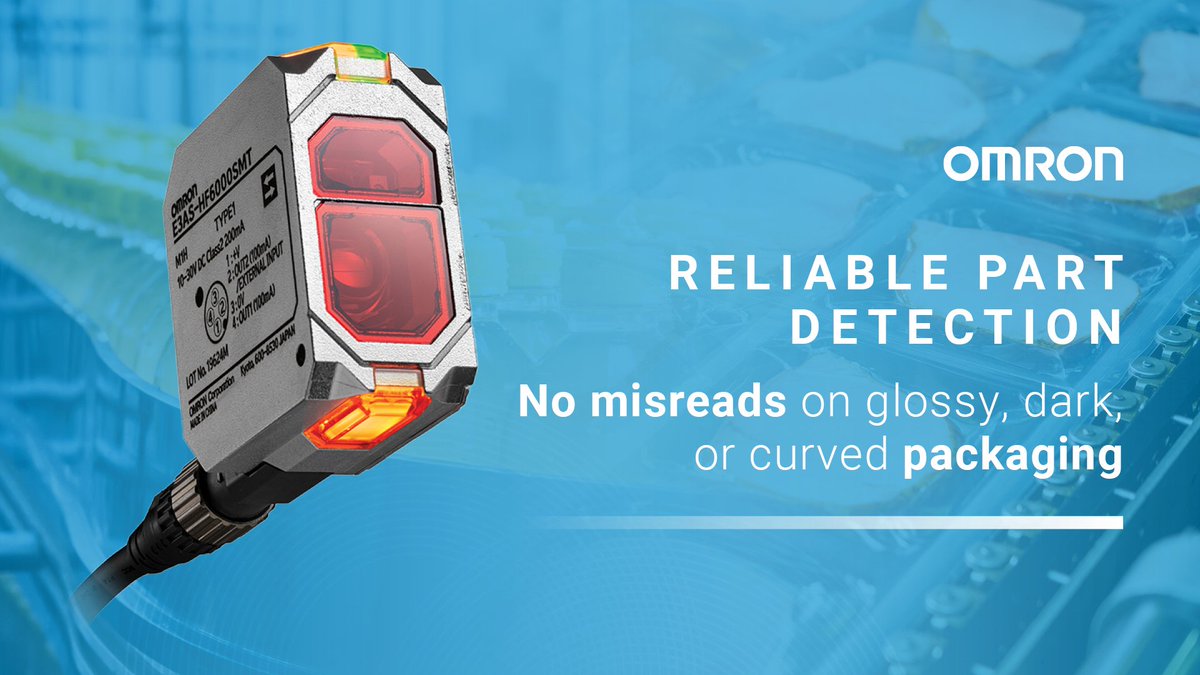 OmronAutomation's tweet photo. Crushed packages and misaligned trays? E3AS sensors detect various shapes and colors early—no reflectors or recalibration needed. Ensure reliable part detection: https://t.co/JNFQcui188 https://t.co/BQpbLRYiVb