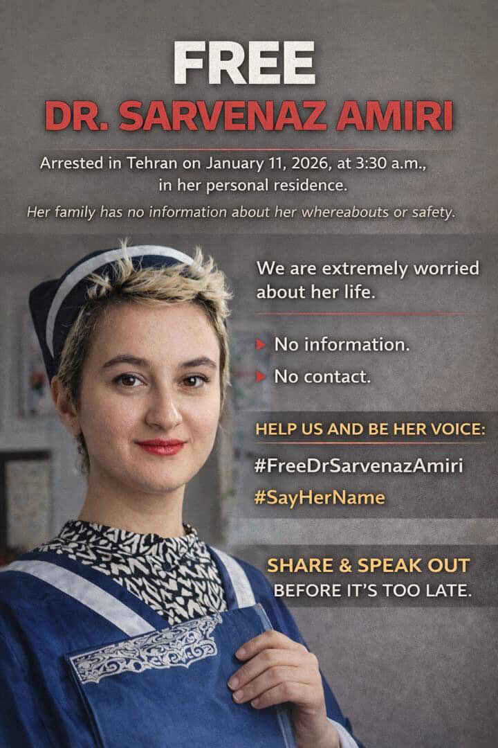 rahawts1's tweet photo. Dr. Sarvenaz Amiri

Arrested in Tehran on January 11, 2026, at 3:30 a.m., in her personal residence.
Her family has no information about her whereabouts or safety.

Her only “Crime” was helping injured Iranians.

#IranMassacre 
#FreeSarvenazAmiri https://t.co/4Wk9Bo5E2A