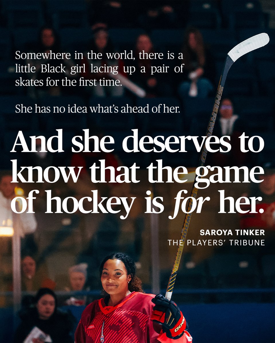 PlayersTribune's tweet photo. In 2021, @saroyatinker71 opened up about the years she spent fighting for her place in hockey, and how @BlackGirlHockey has helped make the sport more accessible: “I guess the truth is that I never really felt welcome at an ice rink. I never felt like I belonged....

You see, I grew hateful of hockey. I HATED that I loved it — or at least that I wanted to keep playing it. And I used that hate to motivate myself, to work harder. I played hockey after that like I was going to force the game to accept me. I wasn’t going to let it win. And so I pushed myself beyond limits I didn’t know I had.

I dreamed of playing for the Canadian national team at the Olympics and winning gold like so many of my heroes.

That felt, at least to me, like the ultimate way to prove the game of hockey wrong.

So I did my best to go above and beyond in high school, and when Yale offered me the opportunity to play in college, I knew I had to go. A woman’s road to having a career in hockey is not straightforward, and more important, it definitely is not lucrative. There are no big signing bonuses waiting for us when we get to the pro level.

I can’t put into words everything I got out of my experience at Yale. It was truly life-changing, and my time there will carry me for the rest of my days, I know that. But one thing I want to mention is that at Yale, for the first time in my hockey career, I got a brand new pair of skates.

Like it might not seem like much to you. But NEW skates?

My whole life I’d had hand-me-downs or used ones.

And it kind of hit me then, that the sport of hockey for little girls — especially girls of color, many of whom come from middle- to low-income households — is incredibly inaccessible.

Hockey is so expensive in our country.

A top-end pair of skates will cost you over $1,000 today.

A thousand dollars....

And this, right here, is one of the many reasons that Black Girl Hockey Club is so damn important.” https://t.co/HazE0USue7