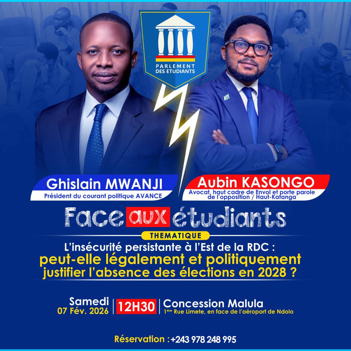 #RDC: la RDC fait face à une question fondamentale : alors que l'agression a l'Est perdure, peut-on justifier, légalement et politiquement, un report des élections générales prévues en 2028 ?

Ce Samedi 07 février 2026, au Parlement des étudiants de Kinshasa, nous ouvrons ce