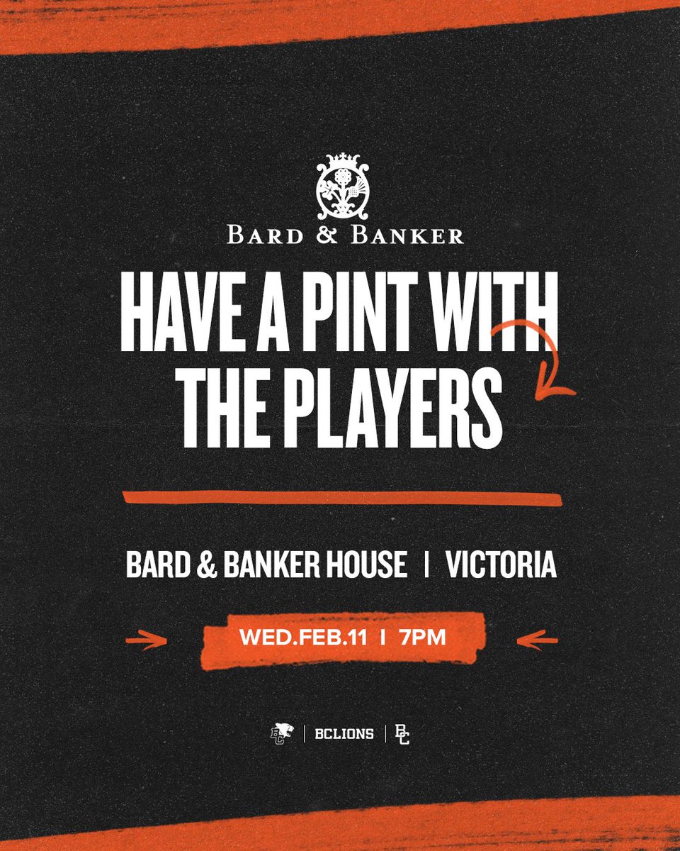 BCLions's tweet photo. The Lions are heading to the island! 🦁

Join us at Bard and Banker House in Victoria on Feb. 11 for a night with the players.🍻

#BCLions | @MolsonCoors https://t.co/o3e9CyHljb