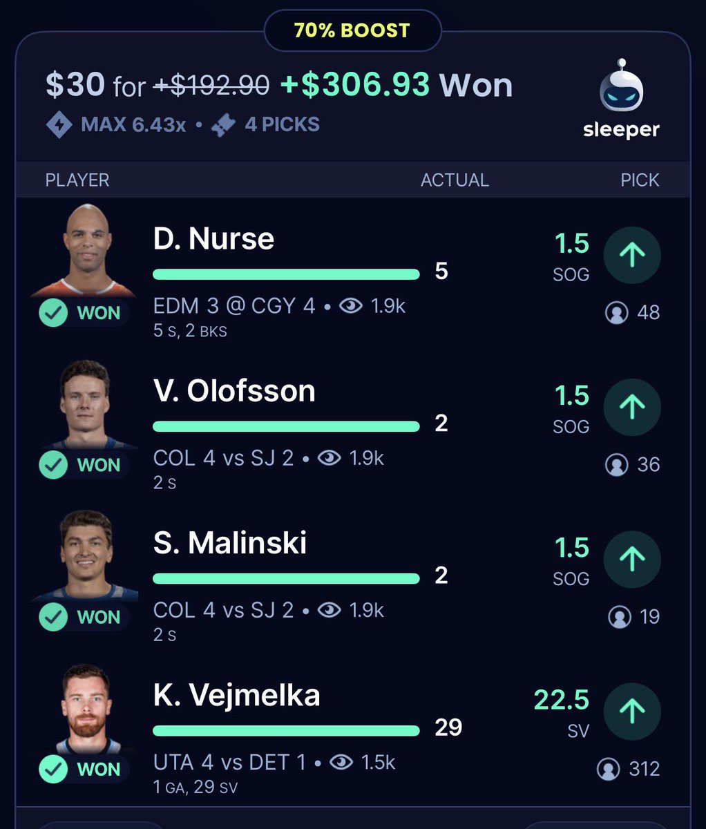 leadgenmagus's tweet photo. Cashed this hockey slip yesterday on @SleeperHQ ✅😎

We run it back again tonight 💚 https://t.co/kaKLvpjDsj