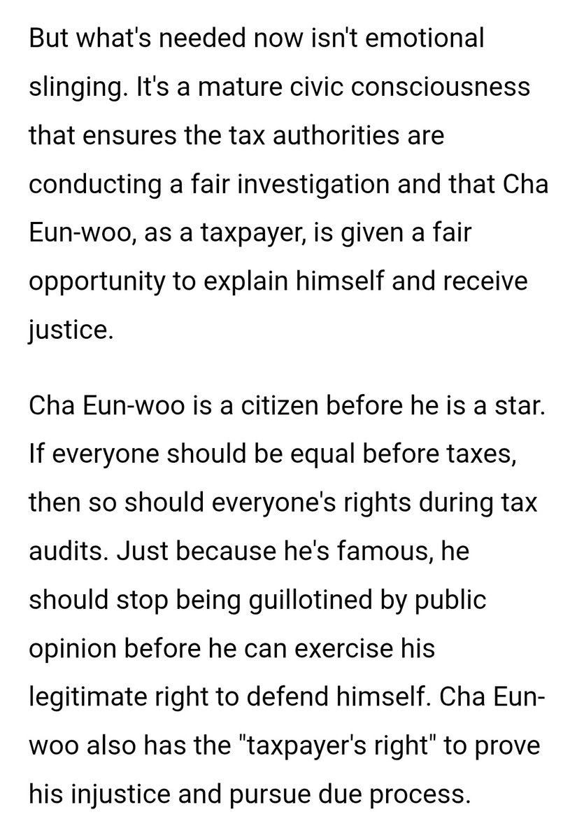 replyisa's tweet photo. "cha eunwoo is a citizen before he is a star. if everyone should be equal before taxes, then so should everyone's rights during tax audits. just because he's famous, he should stop being guillotined by public opinion before he can exercise his legitimate right to defend himself. cha eunwoo also has the "taxpayer's right" to prove his injustice and pursue due process." 🥺

"amidst the seemingly awaited outpouring of accusations of 'moral laxity,' we're forgetting one crucial fact: cha eunwoo is also a citizen of the republic of korea, a "taxpayer" entitled to the protection of the law."

this is exactly how it should be handled, fairness, due process, and facts over emotional hate. eunwoo deserves the same rights as any citizen