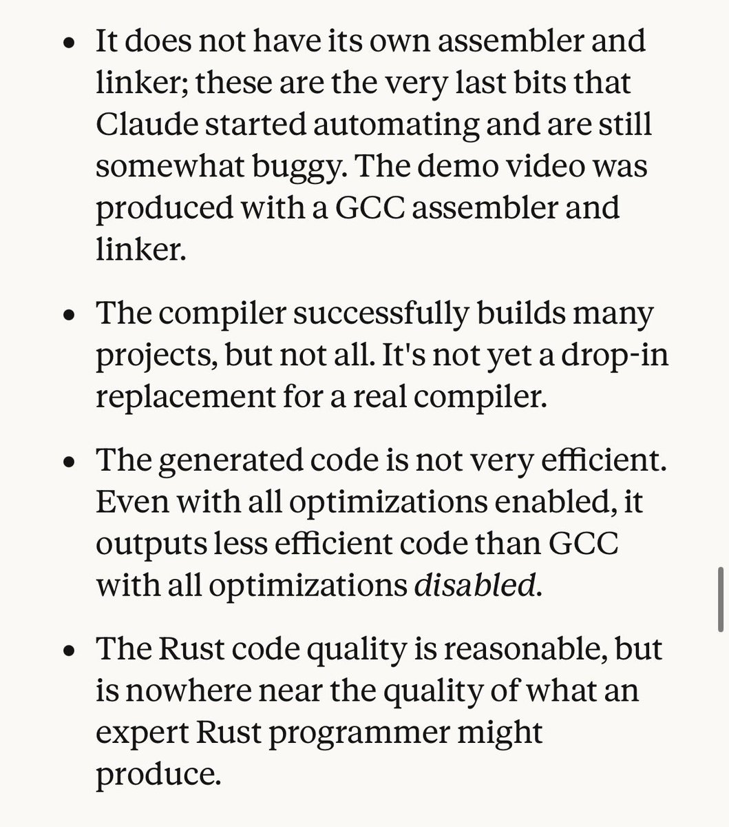 2020: "sure it can generate some syntactically valid python snippets, but anything complex and it just falls apart. stochastic parrot."

2026: "sure it can write a C compiler on its own, but it's not even as efficient as GCC and it doesn't have its own linker. stochastic parrot."