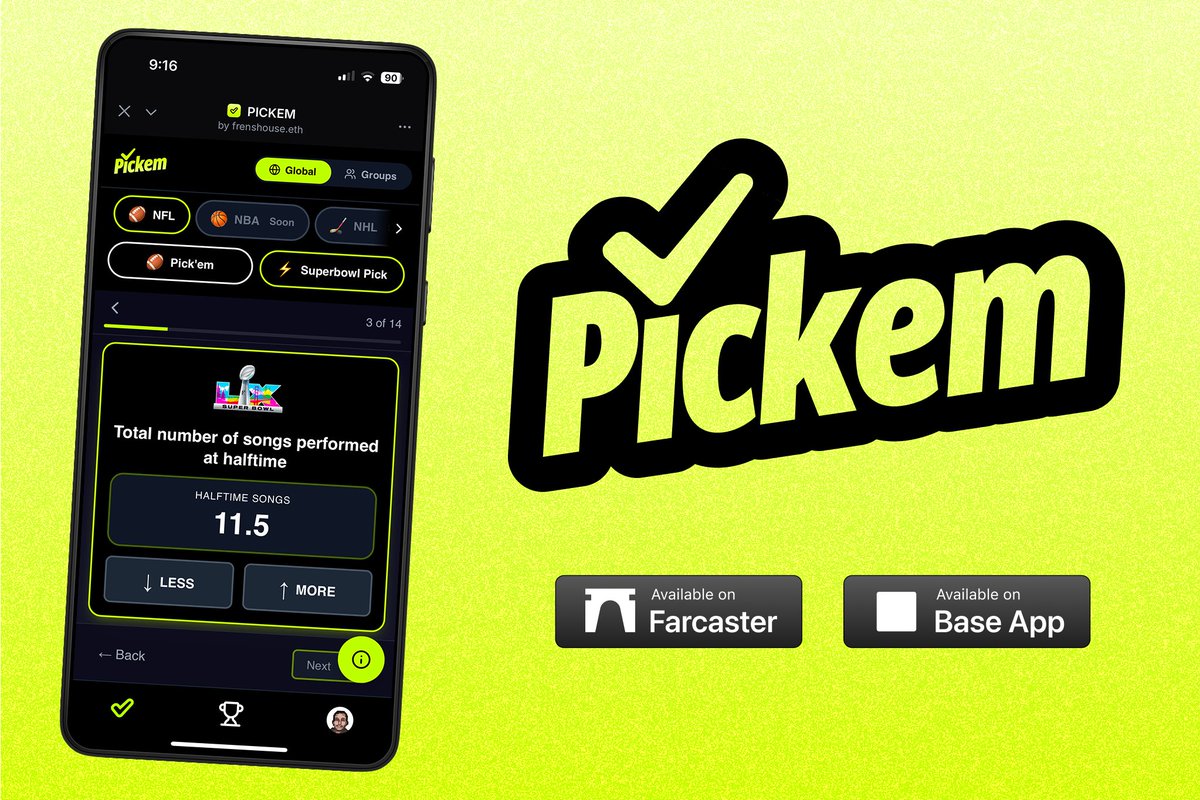 frensHouse's tweet photo. Super Bowl Pick’em is LIVE on Pickem 🏈

14 props / coin toss, halftime songs, missed field goals, total points + more.

$1 USDC entry. Any Base wallet can connect now (not just Farcaster).

Make your picks before kickoff 👇 https://t.co/bYcb2tNMOW