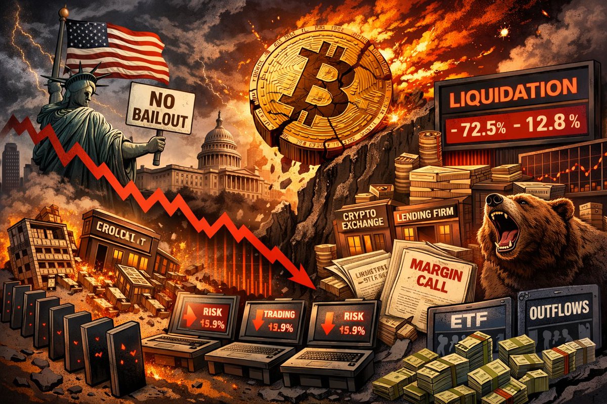 IdaraMarcat's tweet photo. $BTC is dumping as the US makes it clear: no crypto bailouts.

⚙️Total market cap is down ~12.8% in 24h as risk-off sentiment sweeps the market.
📉Regulators see crypto as non-systemic, meaning failing firms won’t be saved.
⏰Eyes on counterparty risk, derivatives, and ETF flows. https://t.co/Ir1plPyQ84