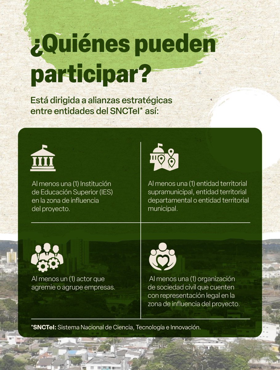 MincienciasCo's tweet photo. 🔬 Fortalecimiento de capacidades en CTeI.
🤝 Articulación entre actores del Sistema Nacional de Ciencia, Tecnología e Innovación.

📅 Cierre: 27 de febrero de 2026

Consulta más información aquí: https://t.co/9QOXu78BIu https://t.co/ud8axI7iru