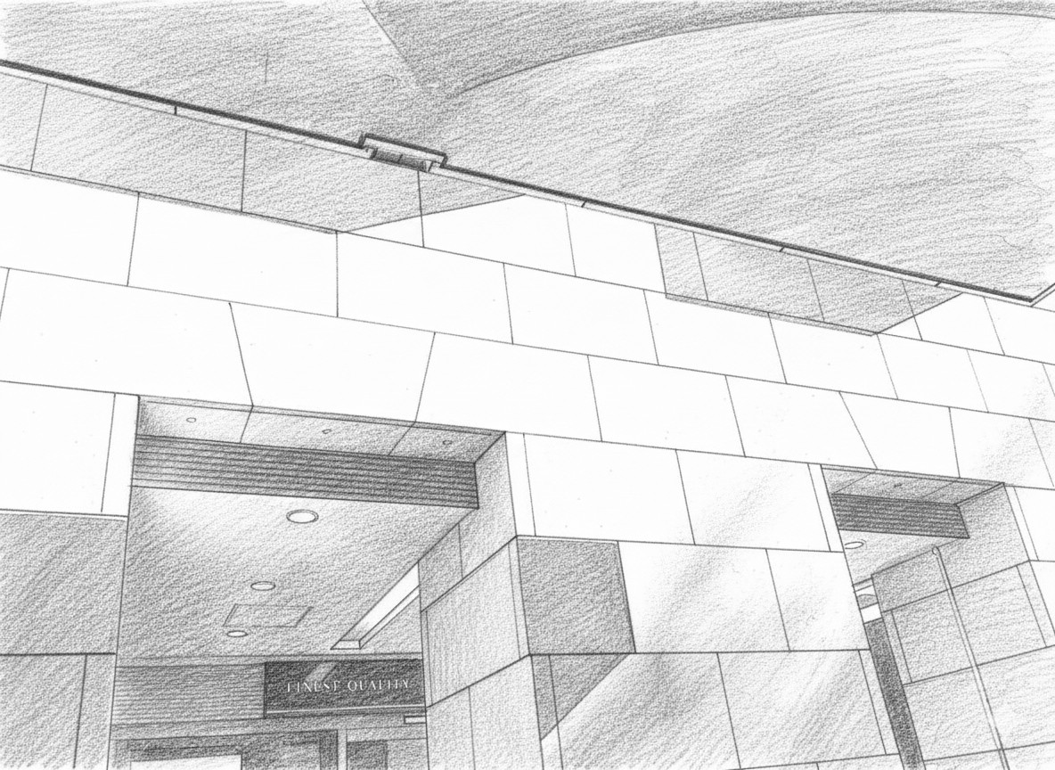 AsobiSent's tweet photo. 建物の壁面のパネルのかたちが、通路の上の部分だけアーチの要石(かなめいし)のように斜めになっていたのです。説明用に線画をgeminiで作ってもらいました。最初は鉛筆画のようなイラストだったので、陰影をつけないでもらいました。最後の画像の着色は手作業です。 https://t.co/8CtF8UqRi7