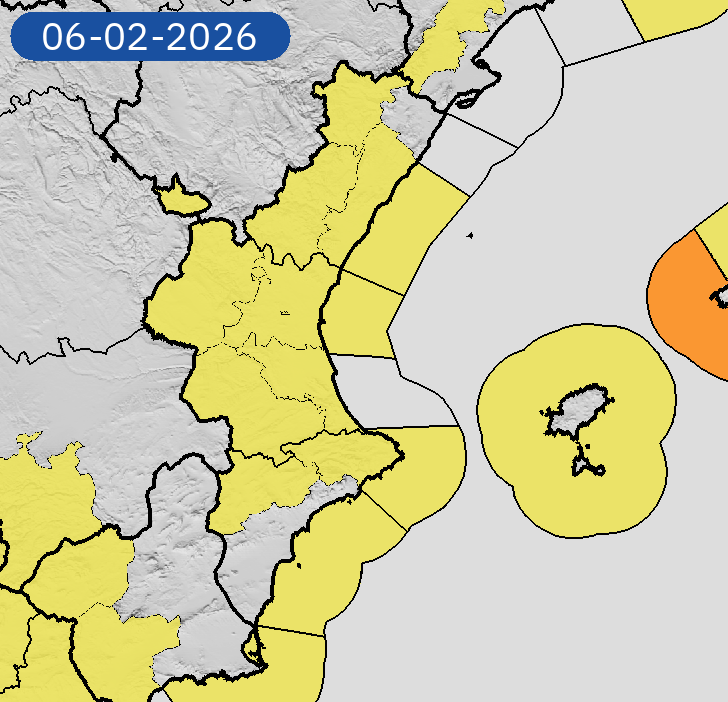 AEMET_CValencia's tweet photo. 06/02 00:06 AVISOS HOY Y MAÑANA | Comunitat Valenciana: vientos y costeros. Nivel máximo de aviso: amarillo.
Actualizaciones en https://t.co/R3Fs2JzKgr https://t.co/pee38CUWbl