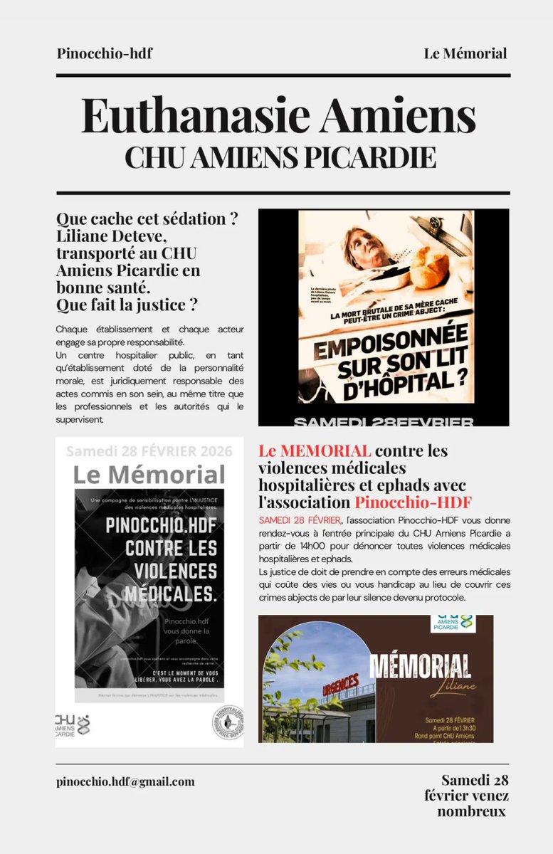 RDeteve's tweet photo. @BFMTV @france_soir @Francois_Ruffin @AEM_Belgique 
Le Samedi 28 FÉVRIER à 14h00 l'association Pinocchio-HDF contre les violences médicales hospitalières soutiendra le MÉMORIAL afin de réclamer une justice impartiale et équitable pour tous et un tribunal indépendant VENEZ SOUTENIR