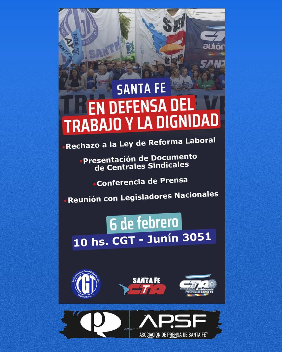‼️Santa Fe en defensa del trabajo y la dignidad
✔️Rechazo a la Ley de Reforma Laboral
✔️Presentación de Documento de Centrales Sindicales
✔️Conferencia de Prensa
✔️Reunión con Legisladores Nacionales
📍6 de febrero - 10 hs. - CGT - Junín 3051