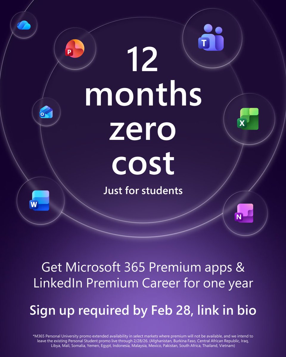 Here’s a life hack you didn’t know you needed. You can get 12 months of Microsoft 365 Premium and LinkedIn Premium Career at no cost when you sign up with your college email. 

Get started today Microsoftmicrosoft.com/en-us/microsof…