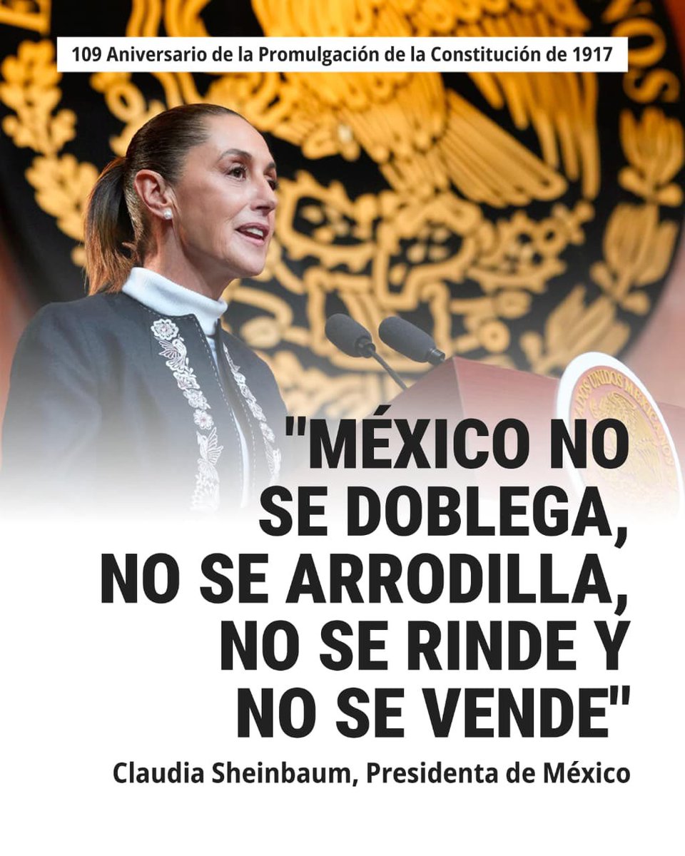 Desde #Querétaro, cuna de nuestra vida constitucional, conmemoramos el 109 Aniversario de la Constitución Política de 1917. 🇲🇽📜

En este marco histórico, la Presidenta, <a href="/Claudiashein/">Claudia Sheinbaum Pardo</a>, reafirmó que México avanza con dignidad y soberanía: no al regreso de la corrupción ni de los