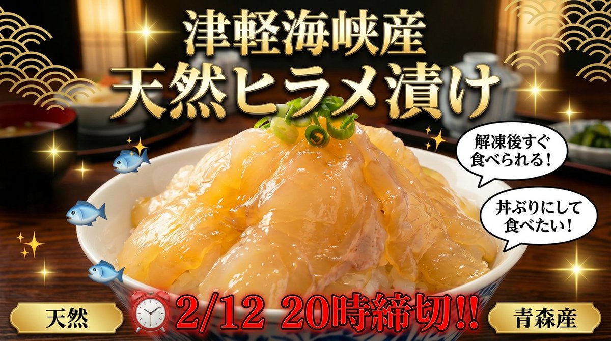 津軽海峡の天然ヒラメが 当たる‼️🐟✨  
 タレも付いてて 丼ぶりにして食べたい衝動が 止まらない🍚💕 

🤯ここでクイズ💡
白身魚の甘みが増す条件、最も関係が深いのは？
① エサ
② 低水温
③ 水深の深さ
答えはコメント欄へ！

【応募方法】
フォロー＆リポスト
⏰2/12 20時締切