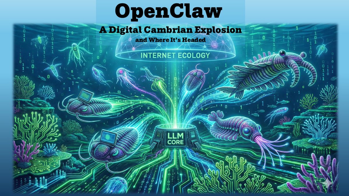 Technical_Jesus's tweet photo. Here's one way to look at the The OpenClaw Phenomenon. It's a digital Cambrian Explosion! Find out how these bots will likely undergo convergence. https://t.co/o0vrQPteRS https://t.co/wVTzNH0eyA
