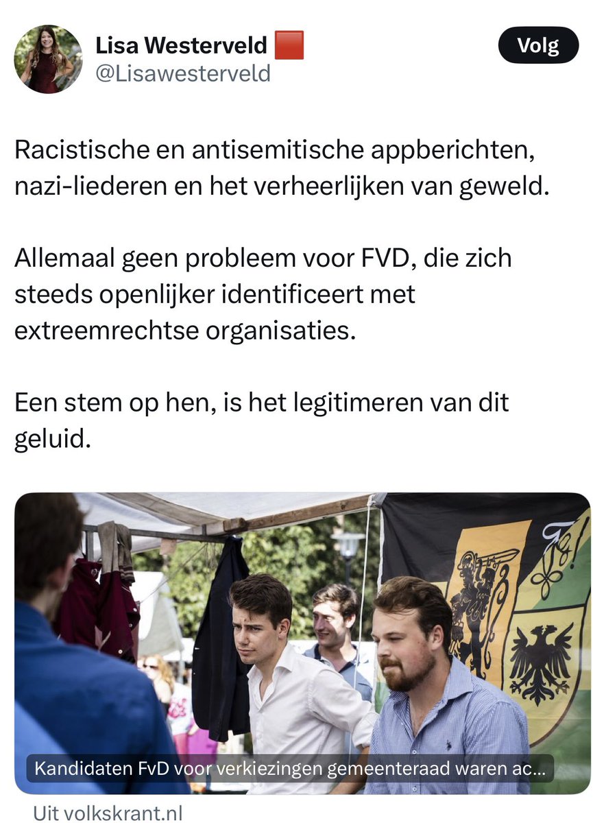 Morgen in de <a href="/volkskrant/">de Volkskrant</a> :Racistische en antisemitische appberichten, Hamas steun en het verheerlijken van geweld. 

Allemaal geen probleem voor <a href="/groenlinks/">GroenLinks</a> die zich steeds openlijker identificeerden met extreemlinkse organisaties. 

Een stem op <a href="/Lisawesterveld/">Lisa Westerveld 🟥</a> , is het